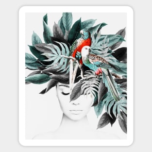 Woman with tropical plants, Parrot, Abstract, Girl, Fashion art, Modern art, Wall art, Print, Modern Sticker